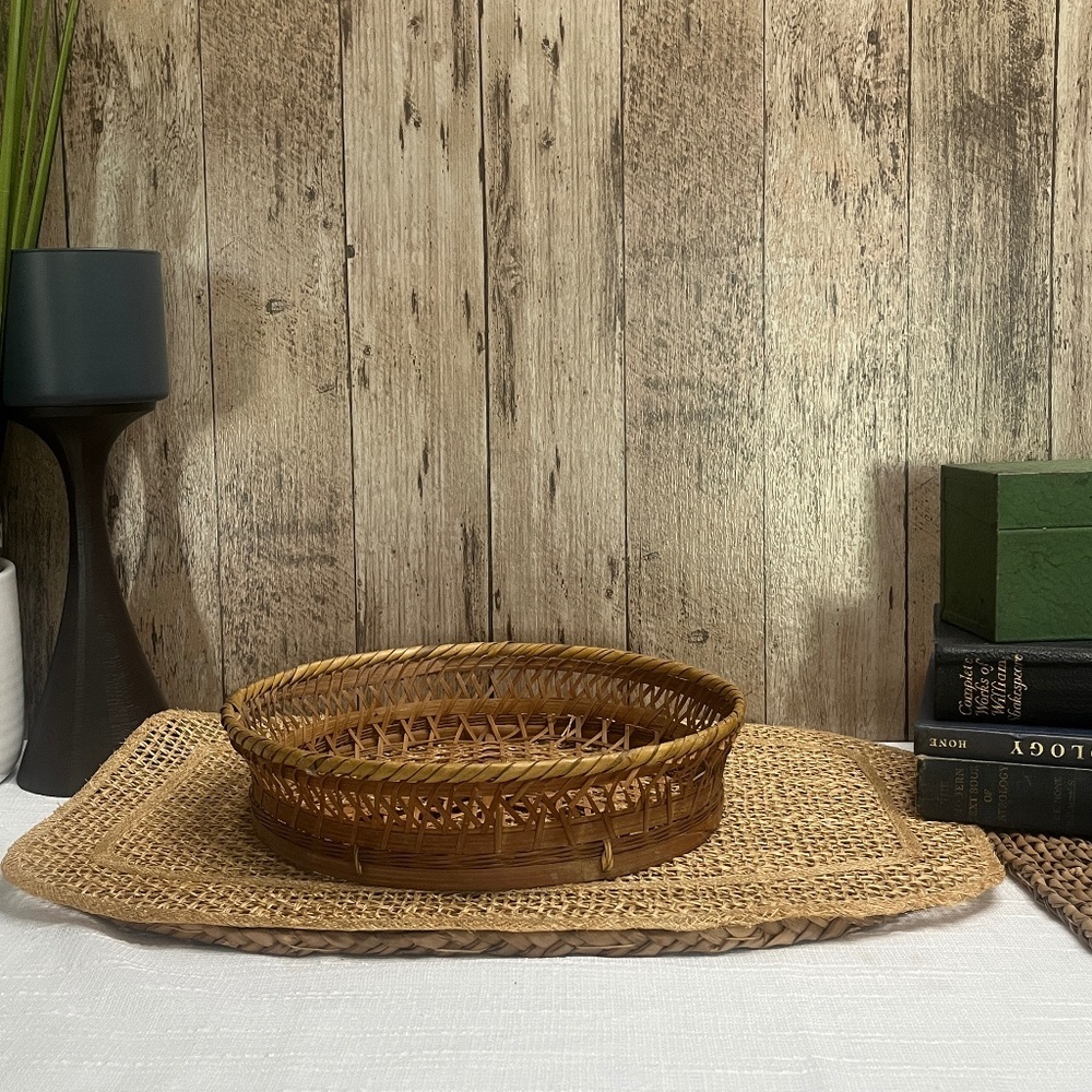 Handwoven Wicker Round Serving Tray Shallow Basket Cottage Core